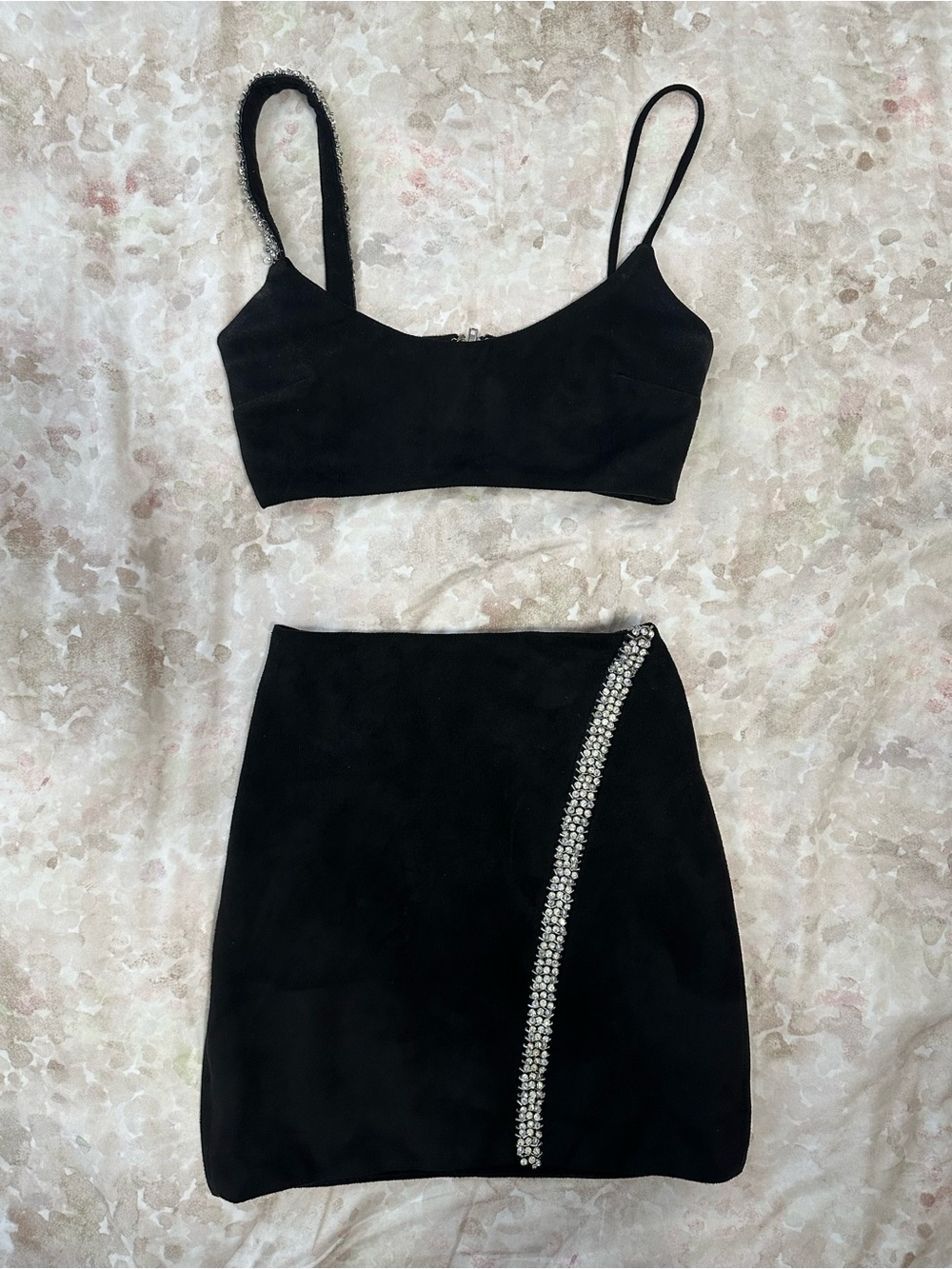 Oh Polly Black Mini Skirt with Diagonal Rhinestone Trim